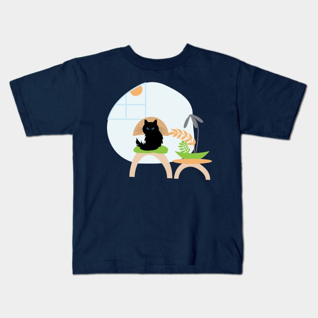 Cute Black Cat Chair Room 2 Kids T-Shirt by oknoki